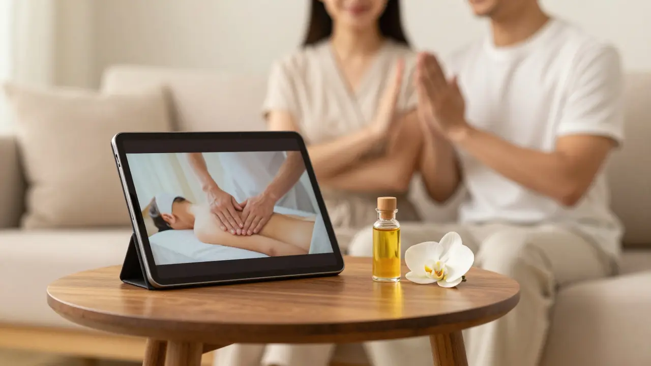 Karta s online kurzem, masážní olej a pár v uvolněném domácím prostředí.