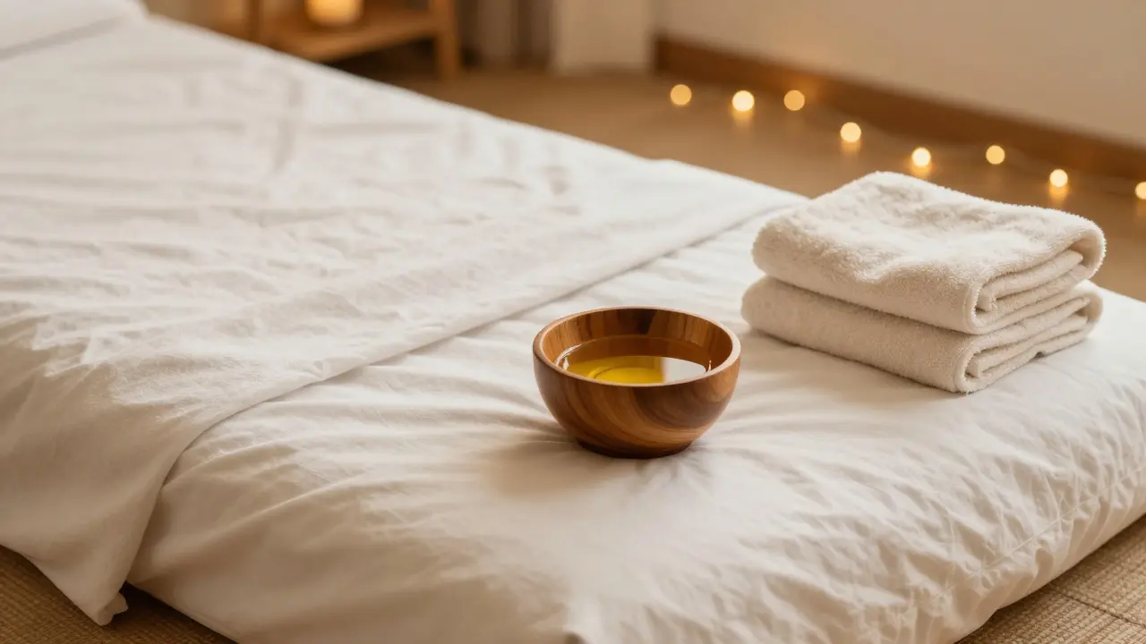 Klidný a útulný prostor připravený pro tantrický rituál s olejem a ručníky.