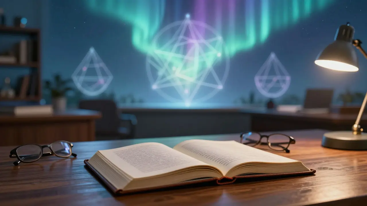 Knihy a brýle na stole přecházející v abstraktní světla symbolizující spojení vědy a spirituality.