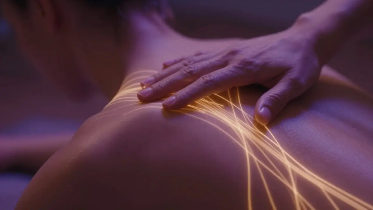 Konceptuální zobrazení energetického toku a jemného doteku během tantry.