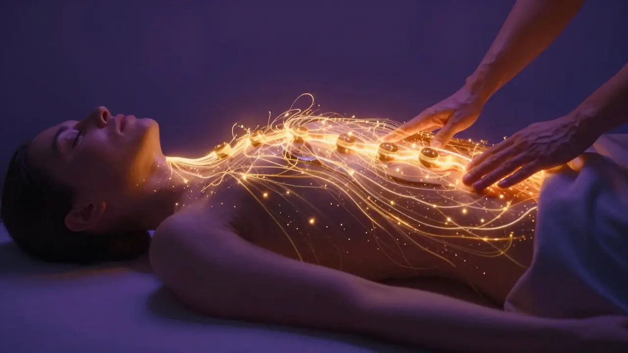 Konceptuální zobrazení energetických center a zlatého světla proudícího tělem.