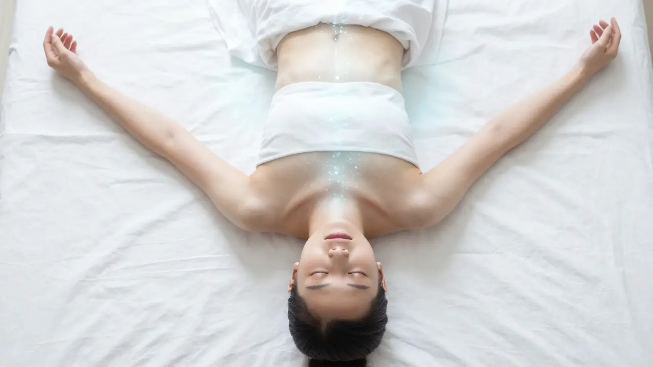 Osoba v hlubokém relaxu symbolizující emoční uvolnění a pocit lehkości.