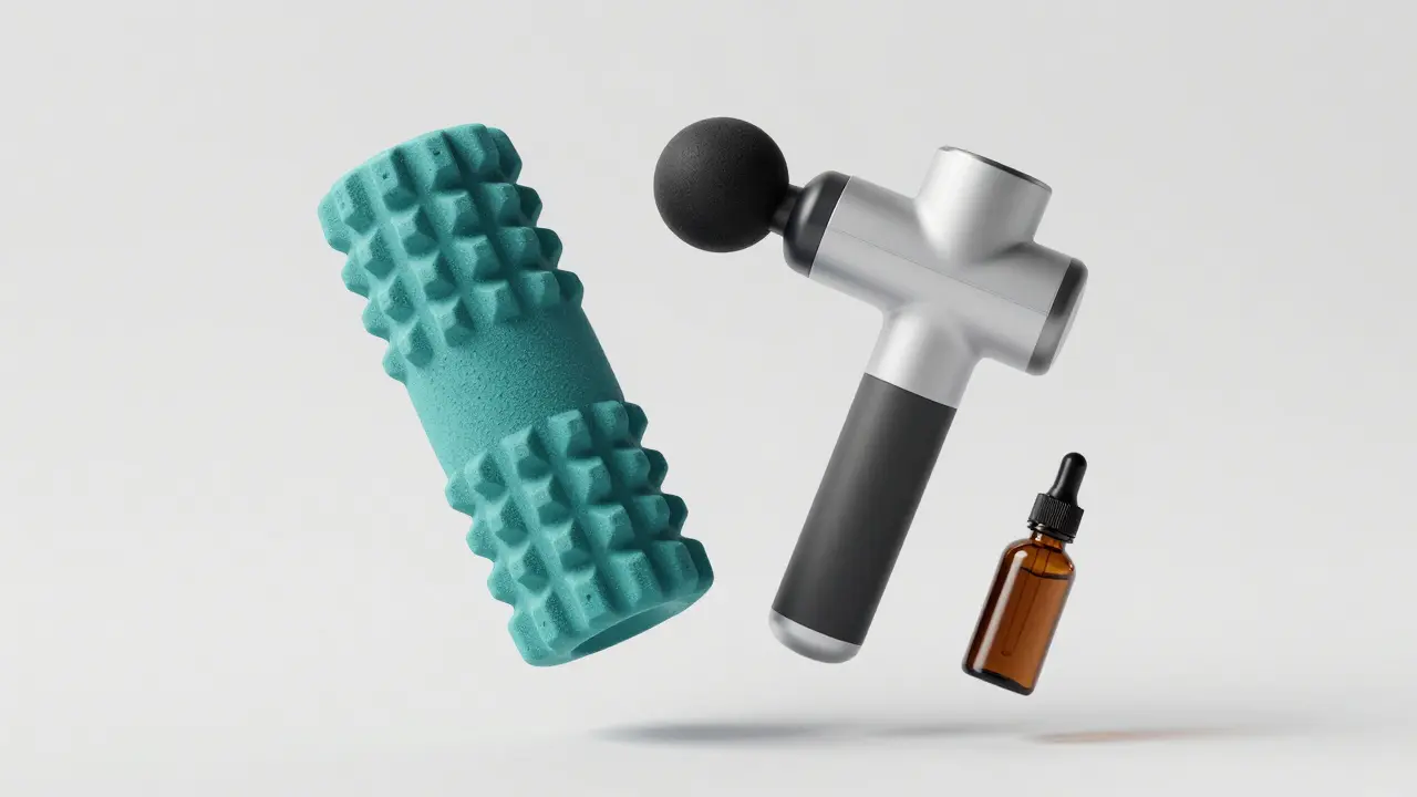 Sada cestovních masážních pomůcek včetně pěnového válce a vibračního maséru.