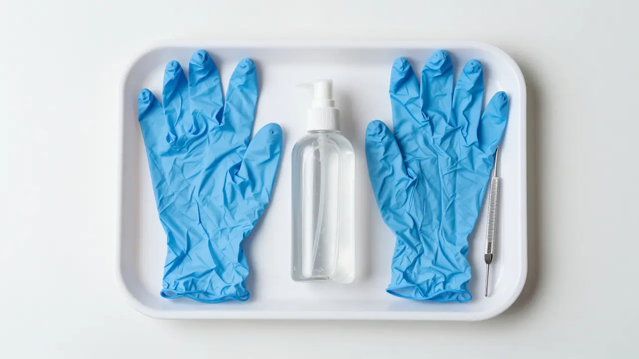 Sterilní vybavení včetně nitrilových rukavic a lubrikantu pro bezpečnou hygienu.