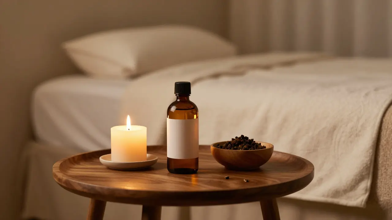Stůl s bylinnými masážními oleji a svíčkami v uklidňujícím večerním prostředí.