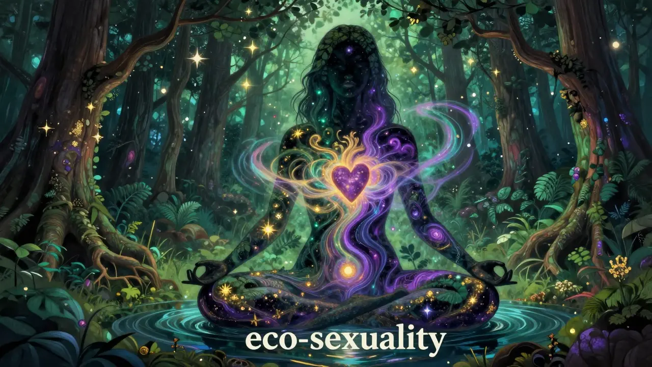 Surrealní obraz lidské postavy splynuté s přírodou a vesmírem představující ekosexualitu.