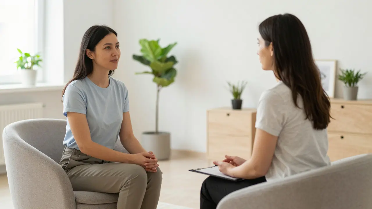 Terapeut a klient při úvodním konzultacím v moderním wellness studiu.