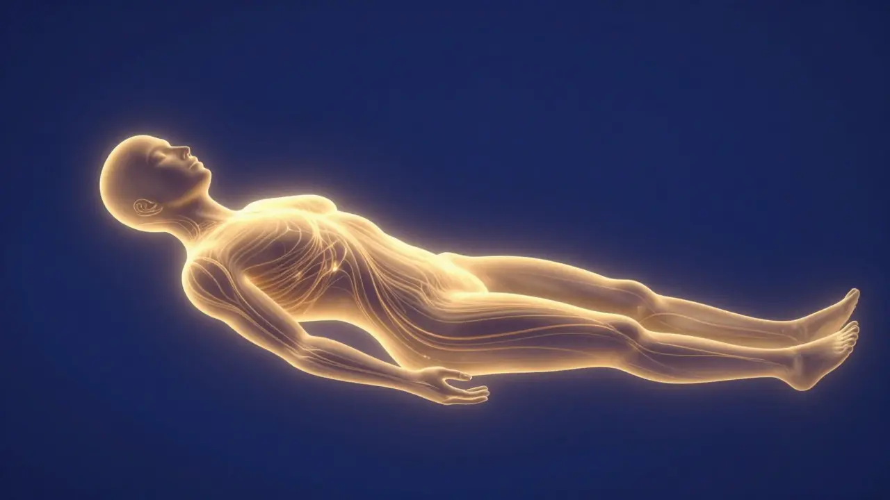 Abstraktní ilustrace energetických proudů v lidském těle pro relaxaci.