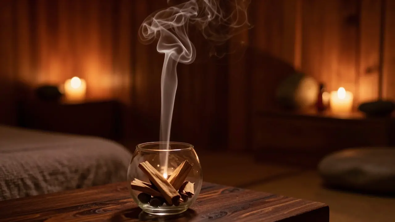 Aromatherapy diffuser with smoke in a warm, relaxing spa room.