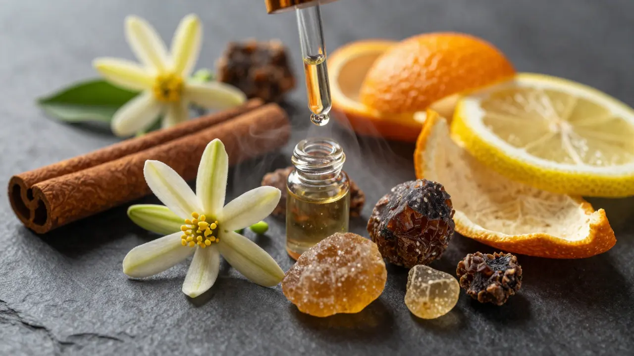 Detailní záběr na aromatické ingredience jako ylang-ylang a skořici