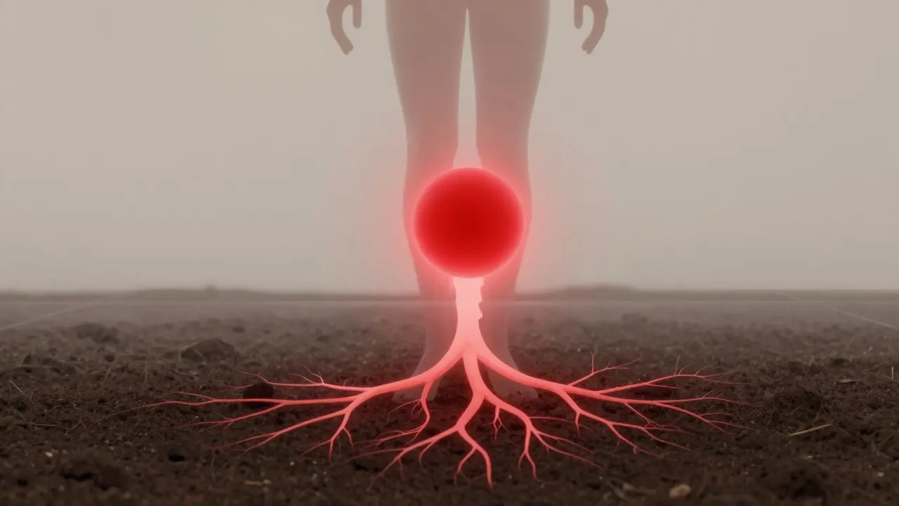 Red glowing energy sphere at the base of the spine with roots.