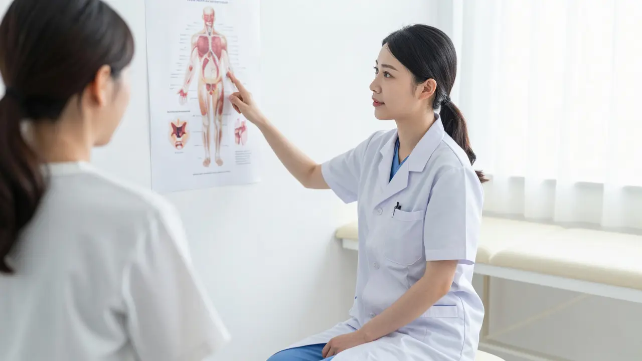 Lékař nebo fyzioterapeut vysvětluje léčbu pacientce v klidném a bezpečném klinickém prostředí