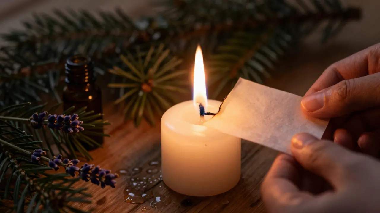 Svíčka s bylinkami a papírem pro rituál transformace