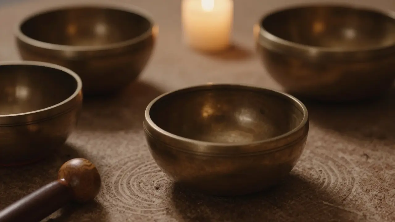 Tibetské zpívající mísy a dřevěné nástroje při svícení