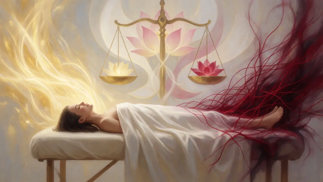 Konceptuální ilustrace rovnováhy mezi duchovní terapií a sexuální byznysem