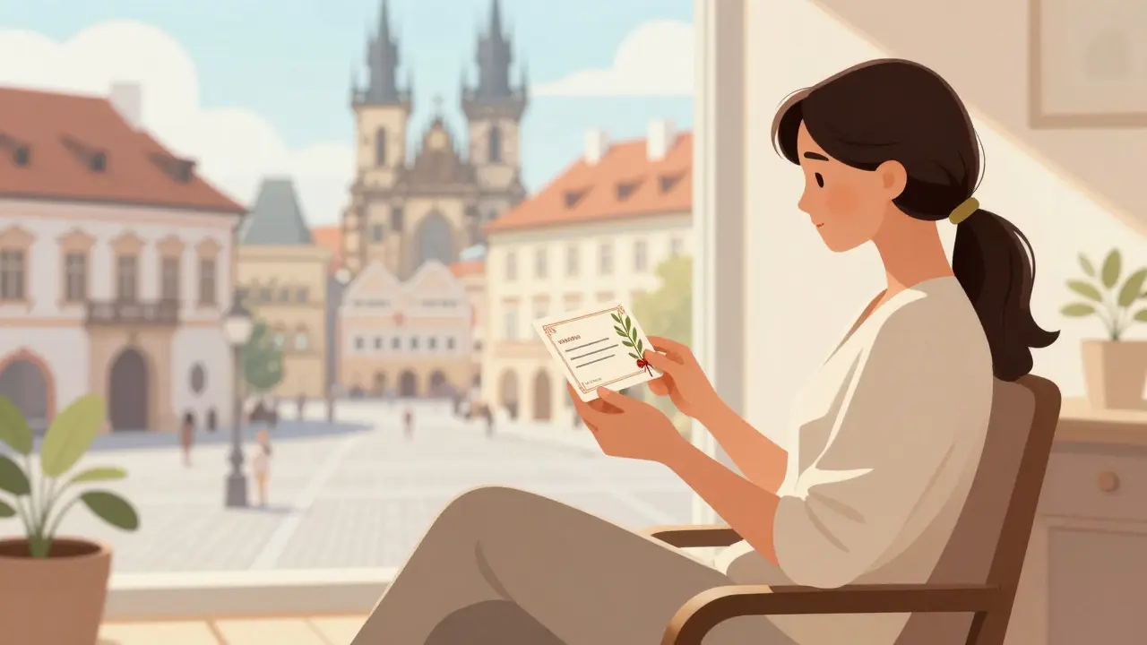 Žena s dárkovým poukazem v klidném historickém městě