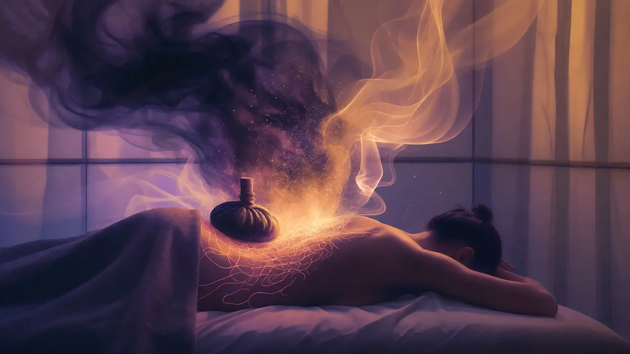 Konceptuální ilustrace relaxace při masáži s horkým obkladem a abstraktním únikem napětí z těla.
