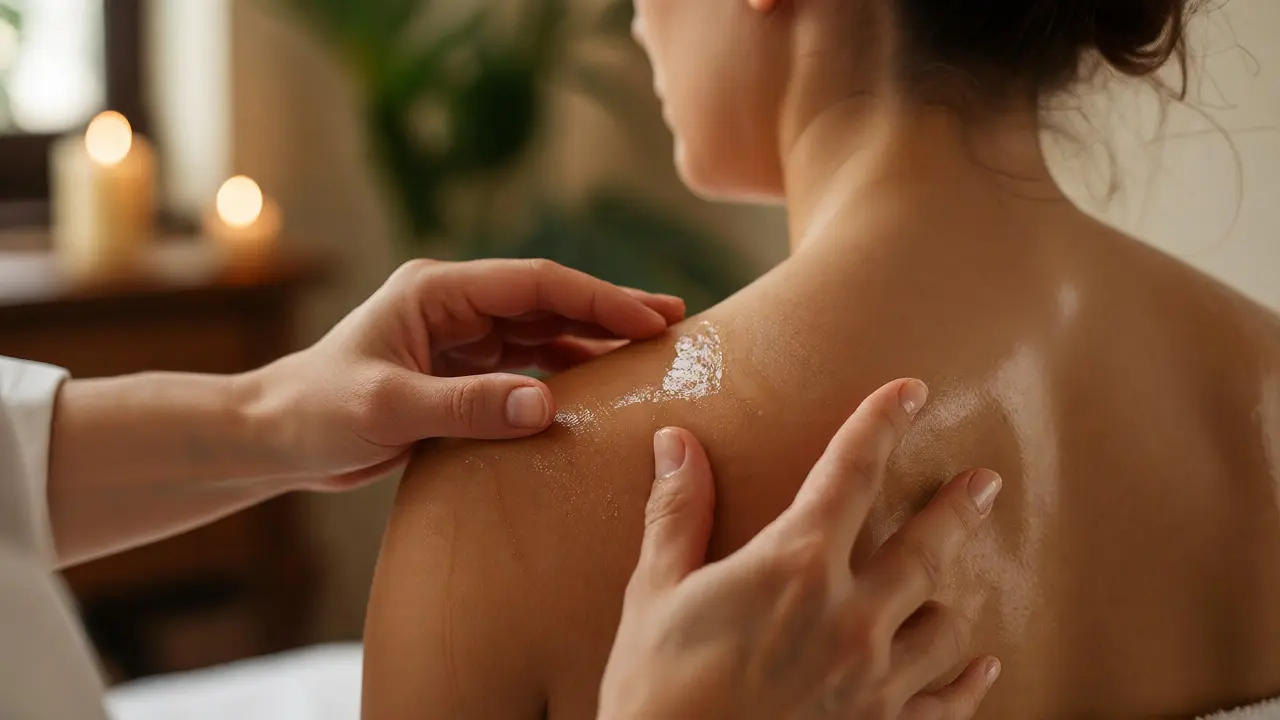 Detail rukou maséra aplikujících olej na rameno klientky při relaxační masáži.