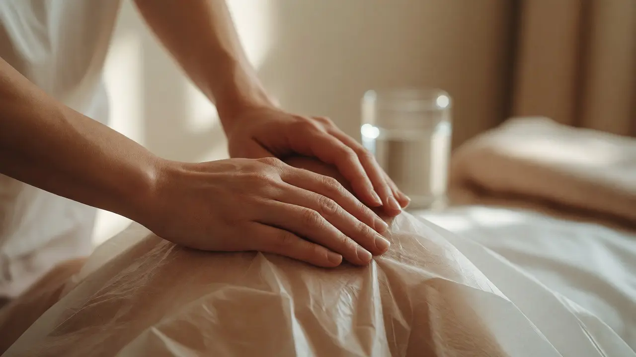 Detailní záběr na hygienické protokoly a respektování hranic během tantrické masáže.
