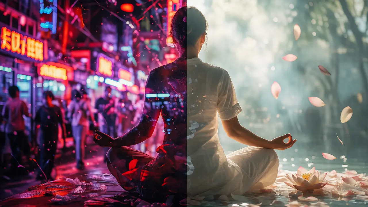 Kontrast mezi rušným městem a klidnou meditací v přírodě