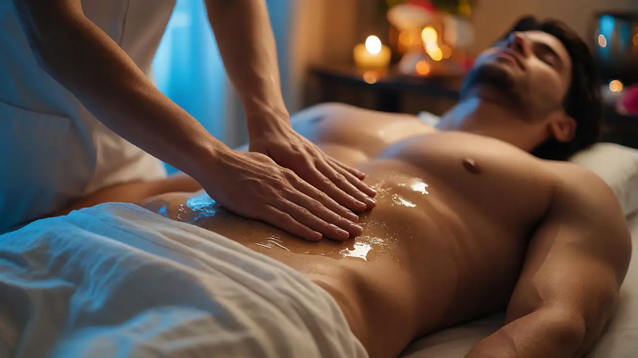 Terapeutické ruce aplikující olej na břicho klienta během tantrické masáže.